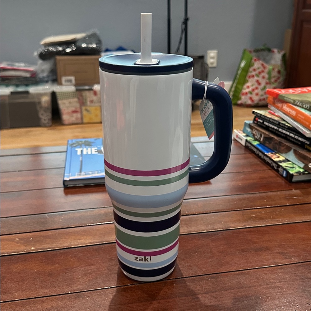 Zak! Designs Striped Water Bottle with Straw - White and Blue